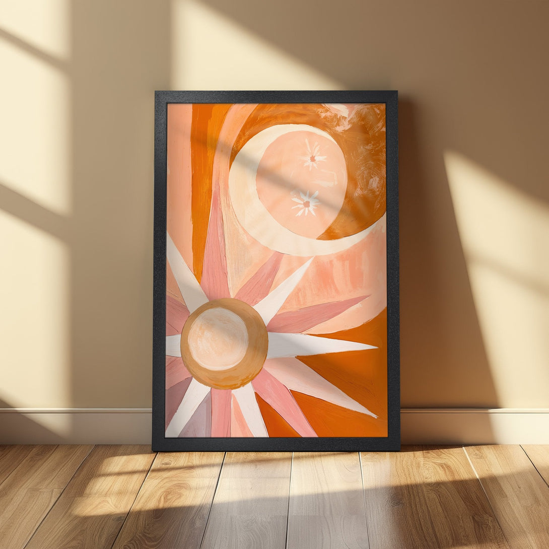 Framed Poster featuring abstract sun and moon art in warm orange and pink tones. Modern, stylish wall decor.