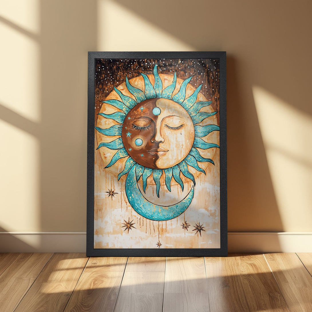 Framed Poster featuring a celestial sun and moon design in a bohemian style with teal and brown tones. Perfect wall art for your home!