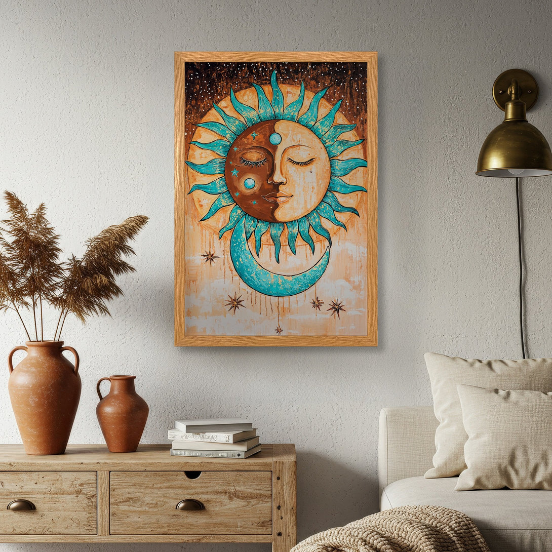 Framed Poster featuring a celestial sun and moon design in bohemian style with a teal and warm color palette, perfect for wall art.
