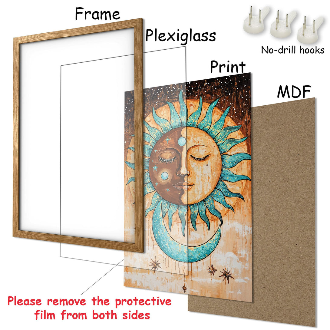 Framed Poster featuring a celestial sun & moon design in a rustic style with a warm, earthy color palette. Perfect wall art!