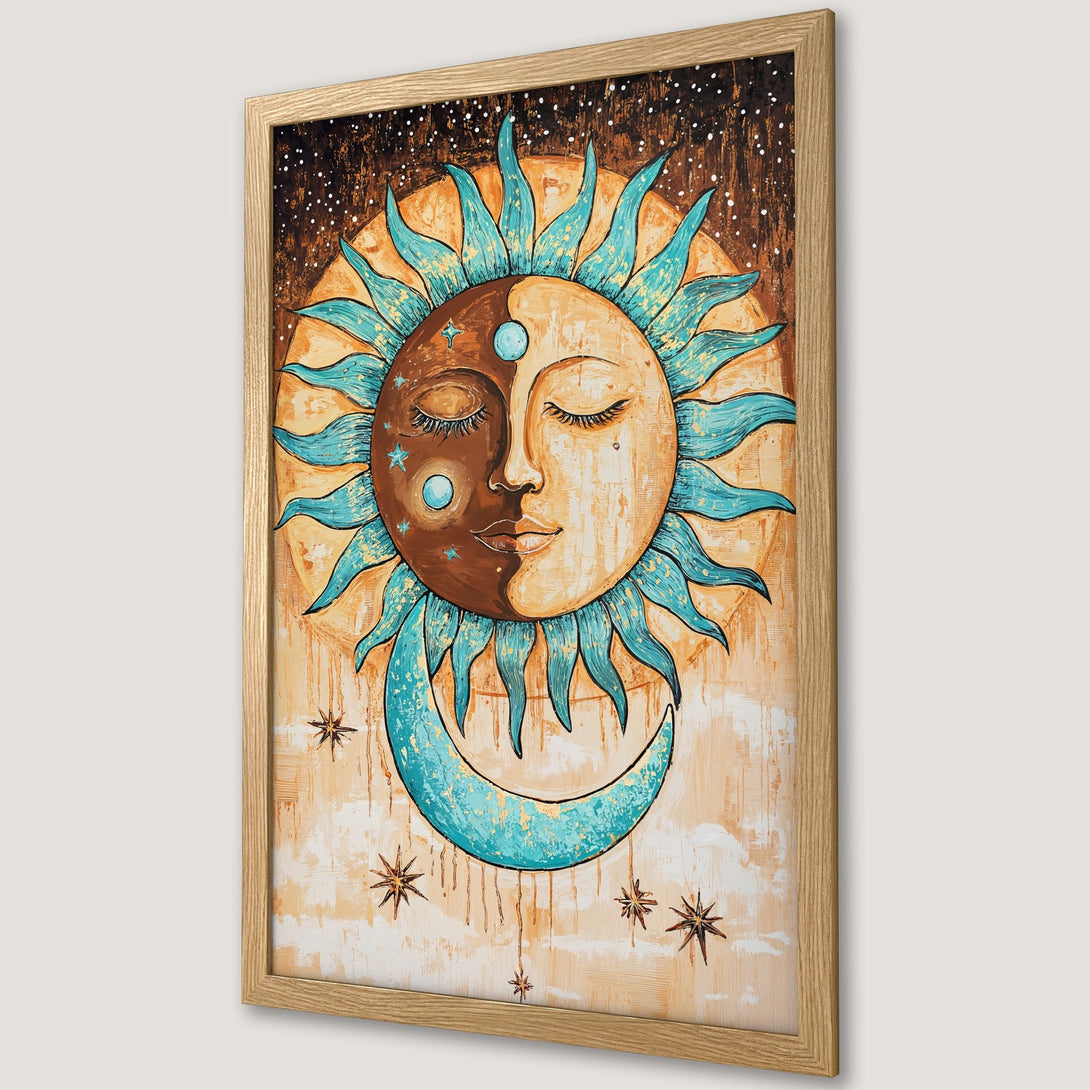 Framed Poster featuring a celestial sun and moon design in boho style. Earthy tones with teal accents. Perfect wall art!