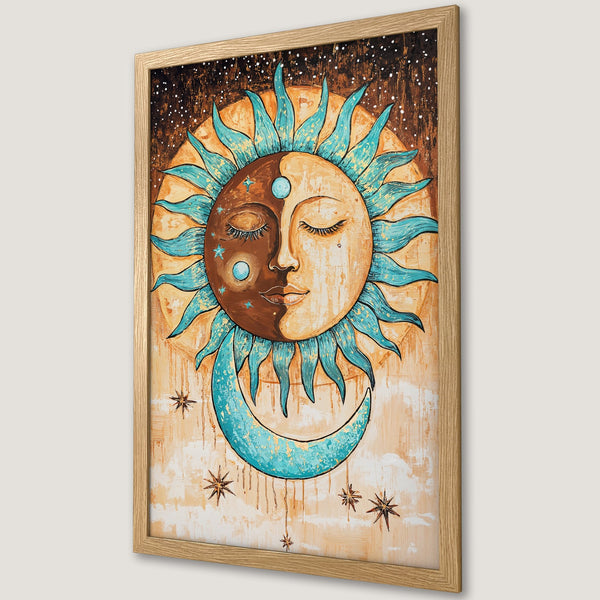 Framed Poster featuring a celestial sun and moon design in boho style. Earthy tones with teal accents. Perfect wall art!