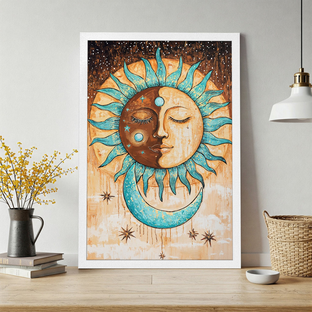 Framed Poster featuring a celestial sun and moon design in a bohemian style with a warm, earthy color palette.
