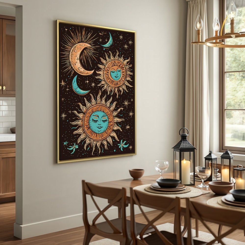 Canvas Print featuring celestial sun and moon art in a bohemian style with a warm, earthy color palette. Perfect wall decor!