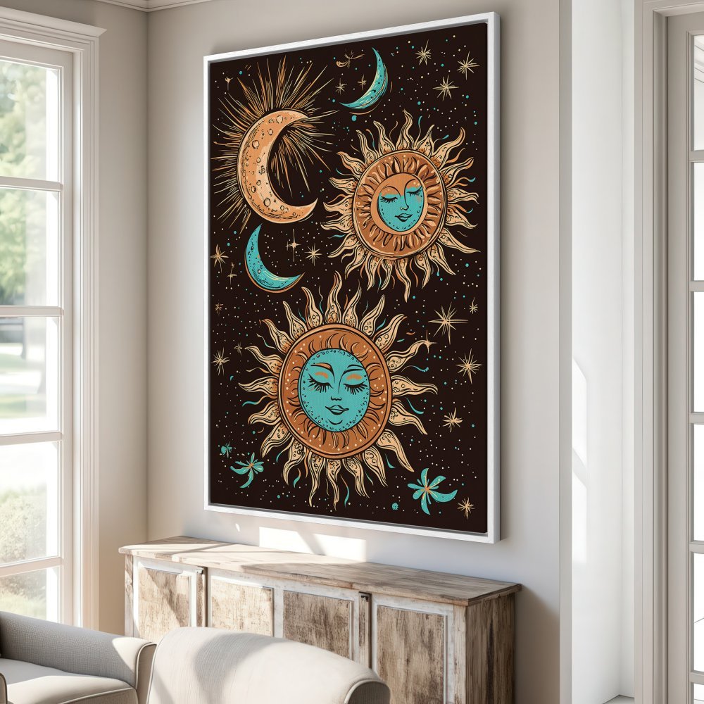 Framed Wall Art featuring a celestial sun and moon illustration in a boho style, with a warm brown, turquoise, and gold color palette.