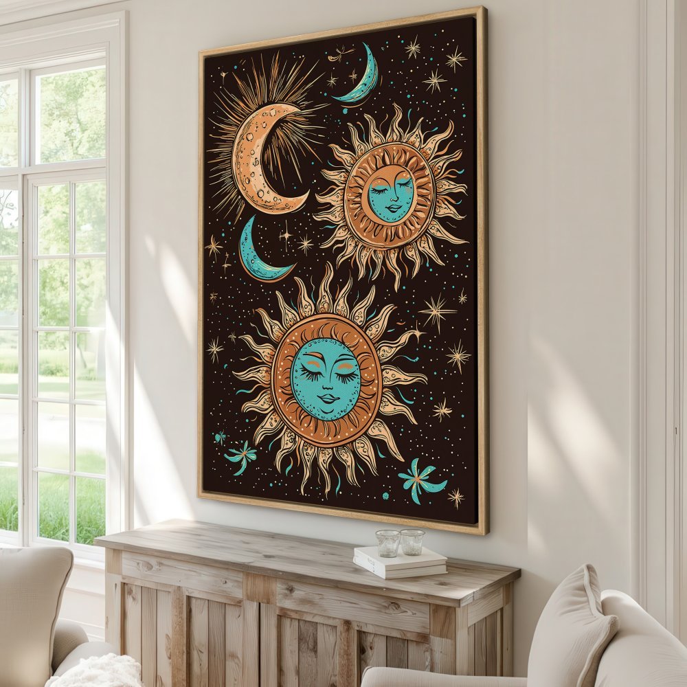 Framed Wall Art featuring celestial sun and moon illustration in boho style. Earthy tones of brown, orange, and teal create a calming aesthetic.