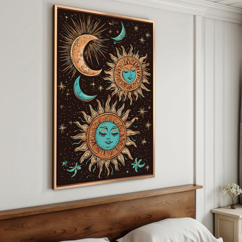 Framed Wall Art: Celestial sun and moon illustration in boho style, featuring a warm brown, teal, and gold color palette. Perfect for adding a mystical touch.