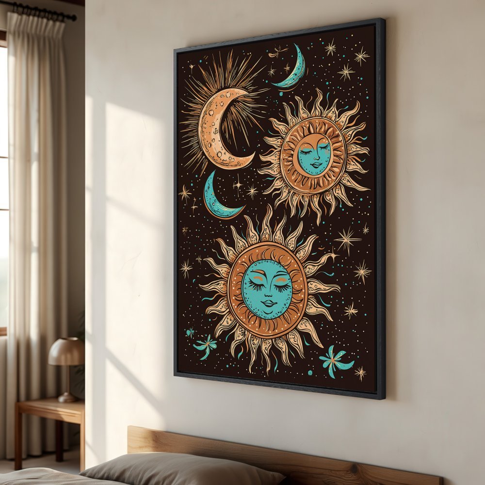 Framed Wall Art: Celestial sun and moon illustration in boho style with teal and orange accents. Perfect for adding a touch of magic to your space!