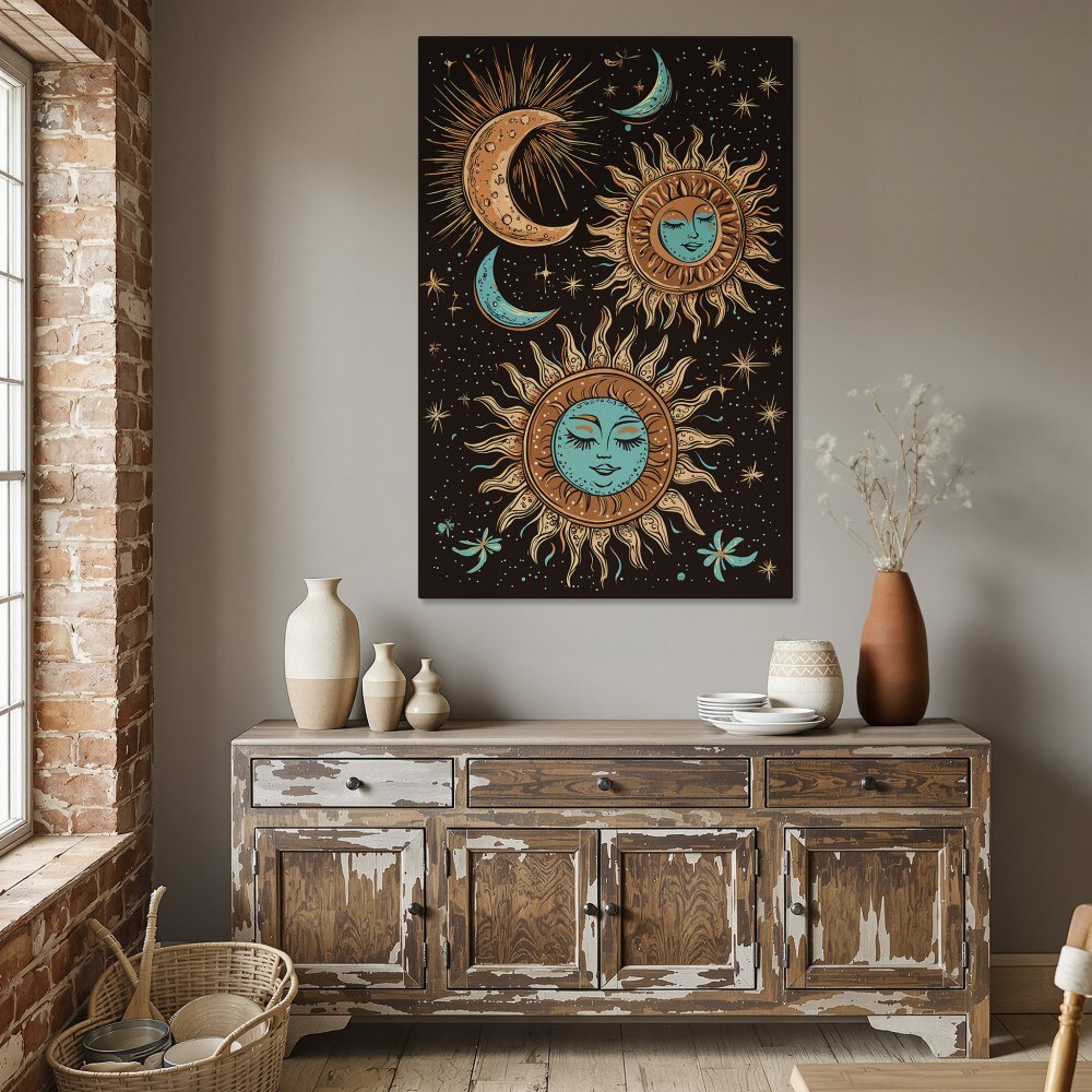 Framed Wall Art: Celestial sun and moon design in boho style. Earthy tones of brown, orange, and teal. Perfect for adding a touch of magic to your space!