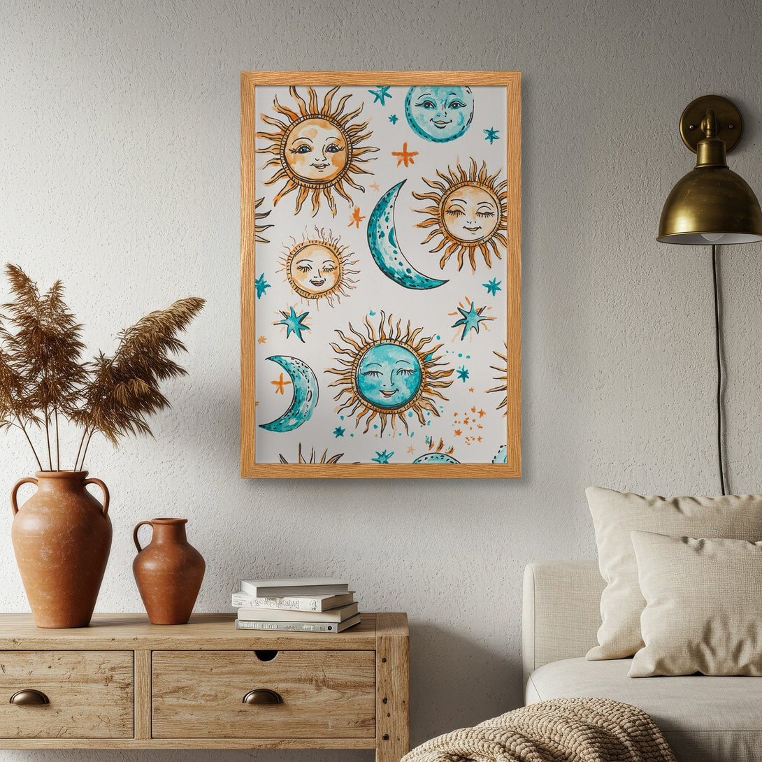Framed Poster featuring whimsical sun and moon illustrations in a watercolor style with a blue, orange, and white color palette. Perfect wall art!