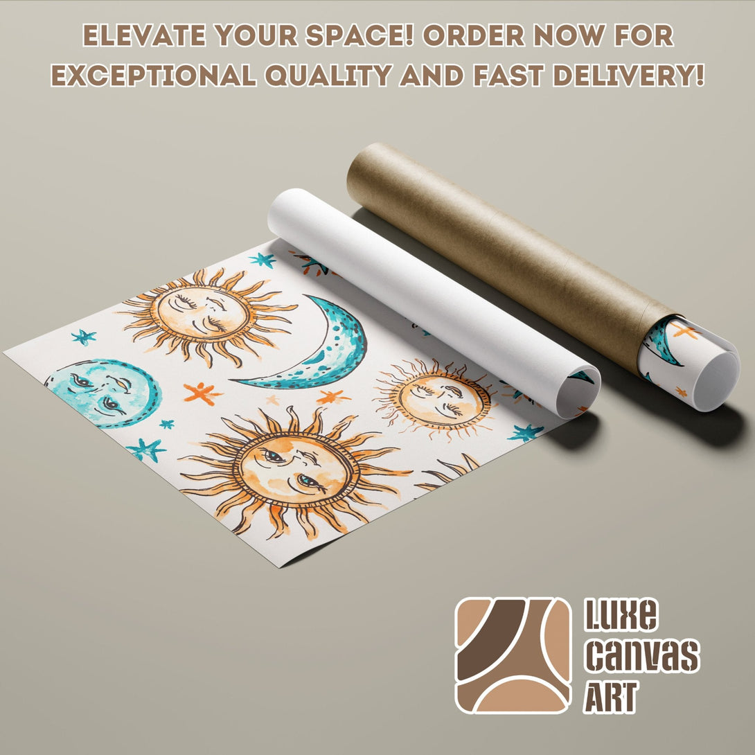 Poster Roll featuring sun and moon art in warm tones. Elevate your space with this unique wall art! Order now.