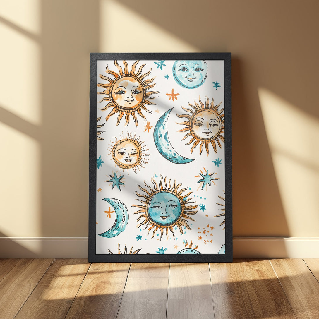 Framed Poster featuring whimsical sun and moon art in watercolor style, with a warm orange and teal palette. Perfect for celestial decor!