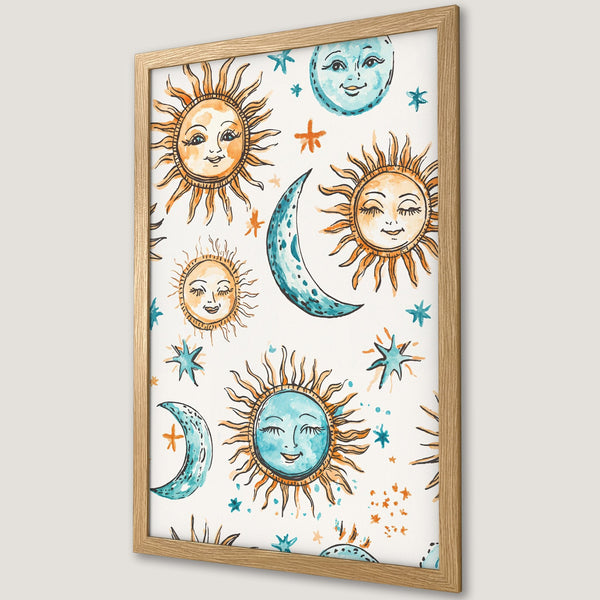 Framed Poster featuring whimsical suns, moons, and stars in watercolor style. Warm orange, blue and white color palette. Perfect wall art!