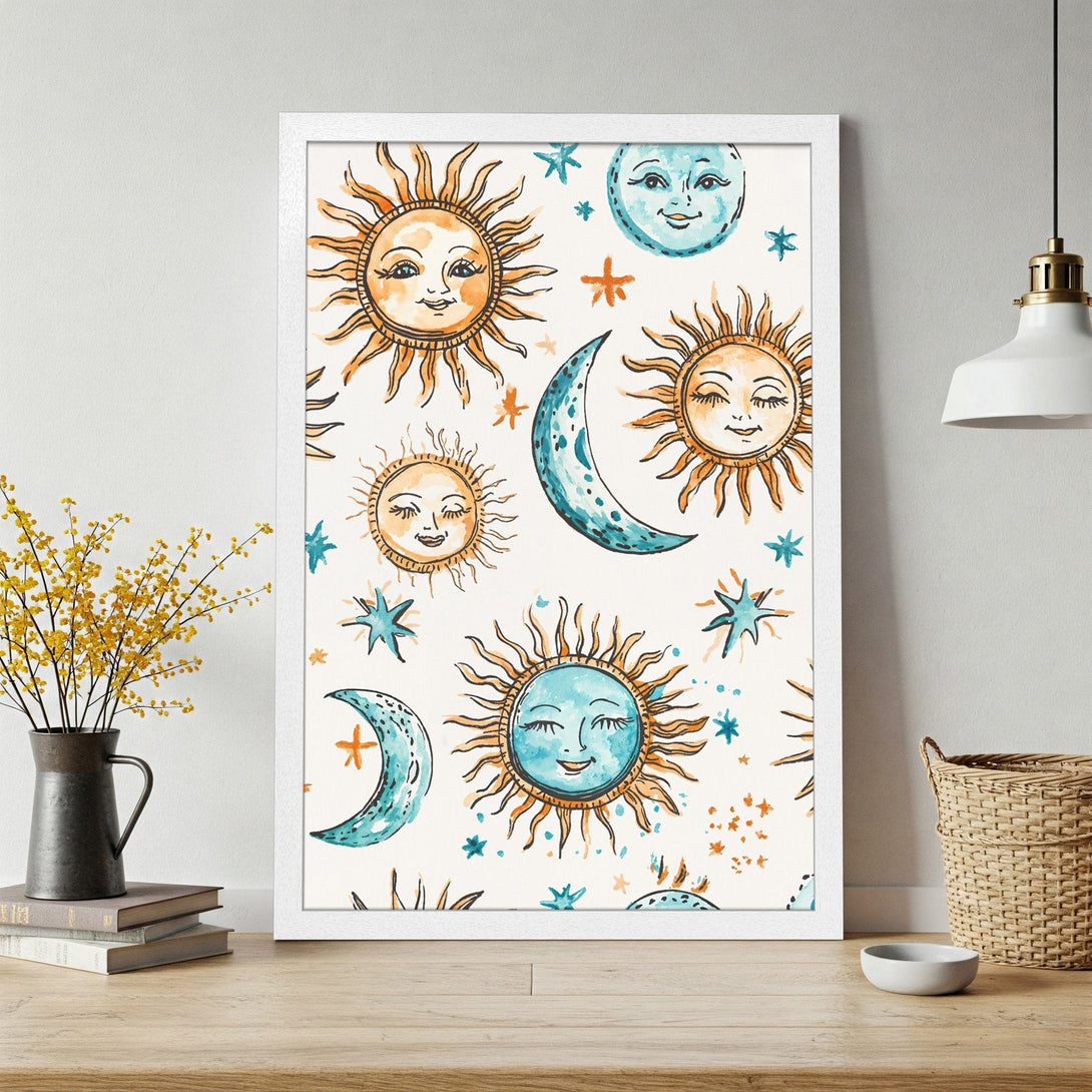 Framed Poster featuring watercolor celestial design with suns, moons, and stars in orange and teal. Boho wall art for your home.
