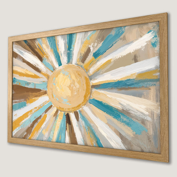 Framed Poster: Abstract sunburst art print in warm yellow, blue, and brown tones. Modern wall decor for a stylish home.