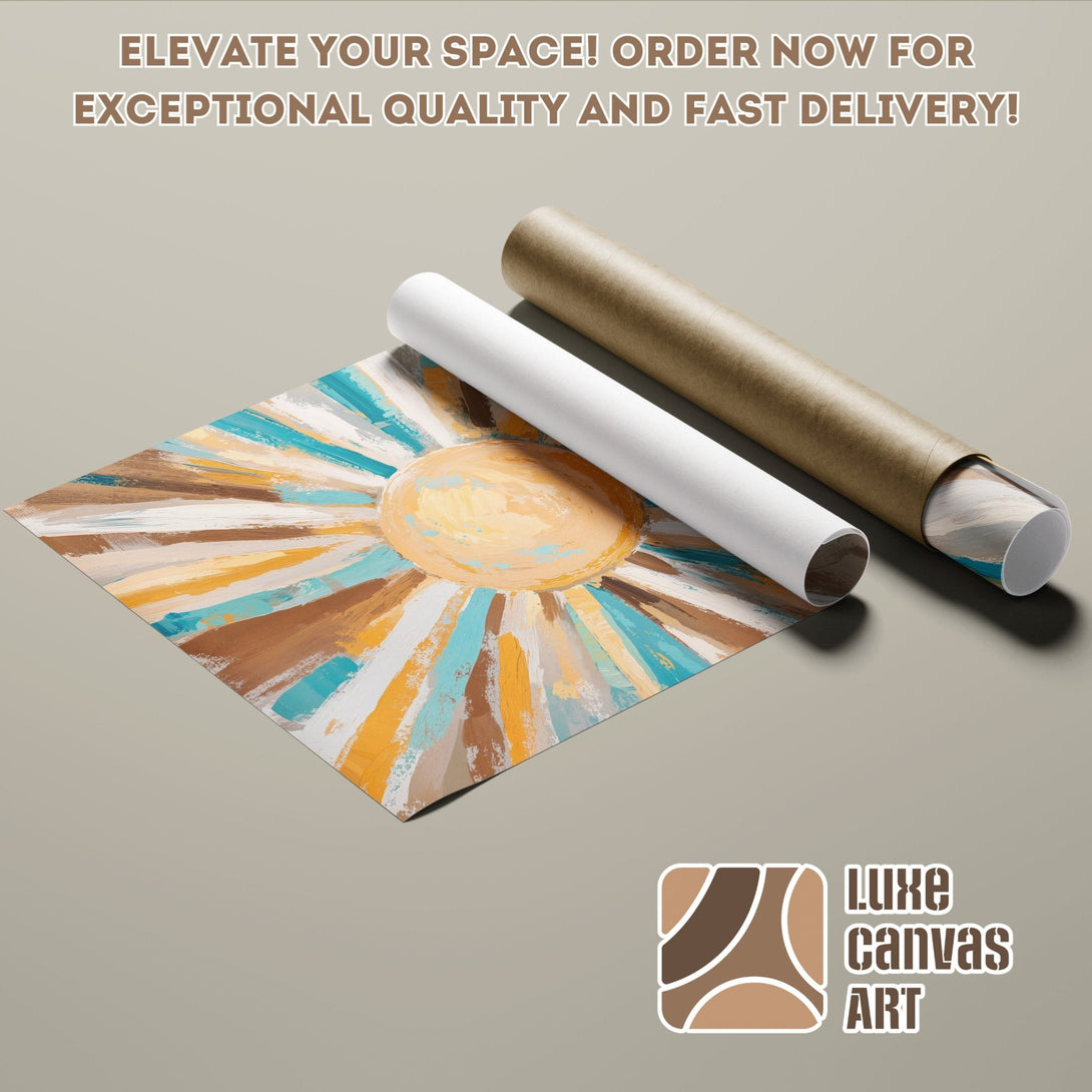 Abstract art Poster Roll with sunburst design in blue, brown, and yellow. Elevate your space!