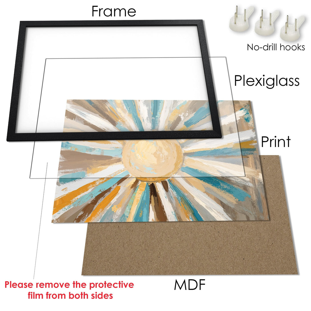 Framed Poster featuring an abstract sunburst design in a calming palette of blues, browns, and yellows. Perfect wall art!