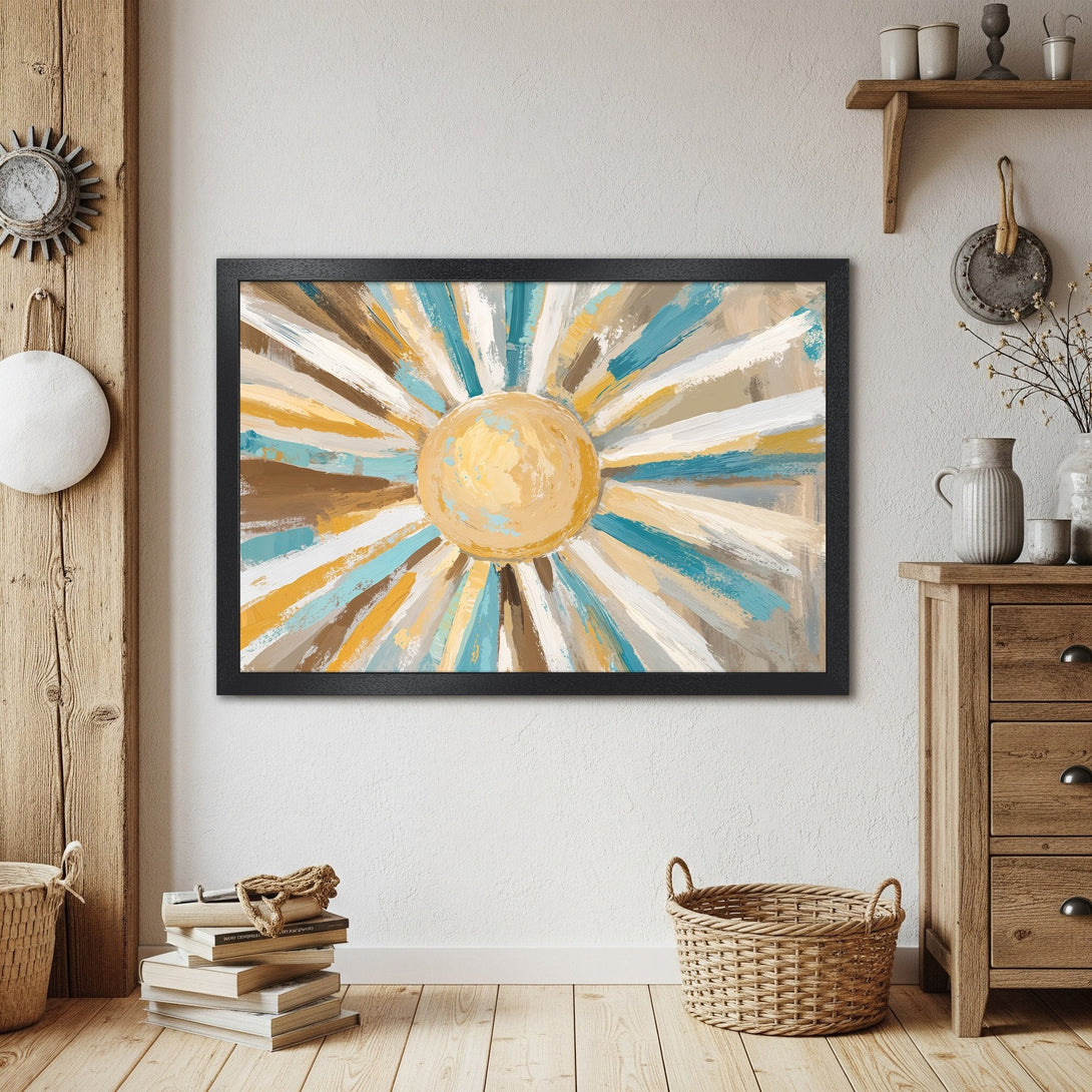 Framed Poster featuring abstract sunburst art in warm earth tones and blue. Perfect wall decor!