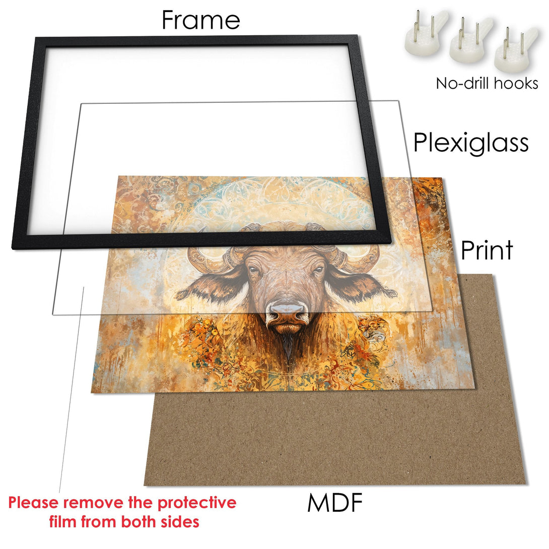 Framed Poster of a buffalo in warm tones. Artistic style with a brown, gold, and blue color palette. Ready to hang art.