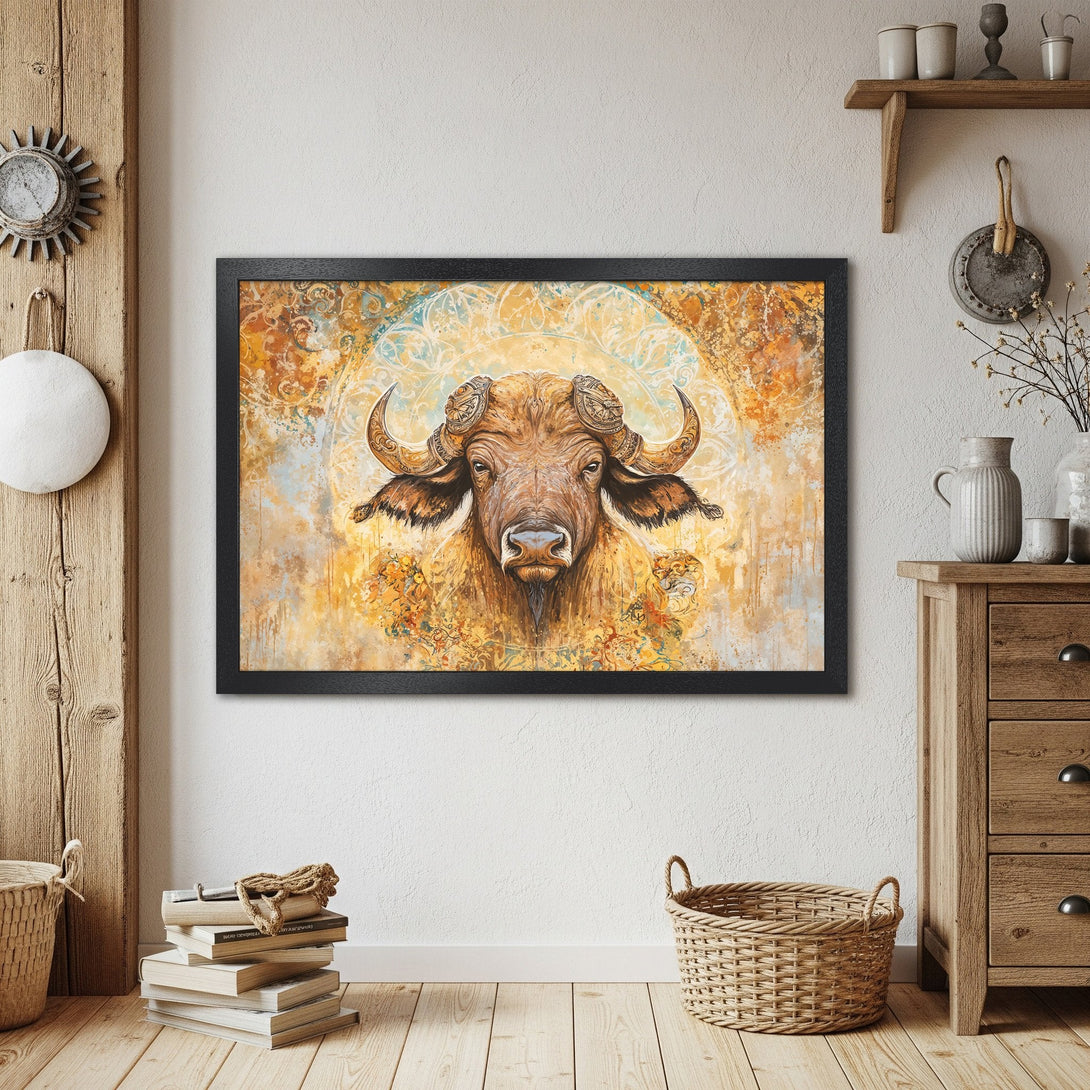 Framed Poster of a buffalo in warm tones. Rustic art print for home decor. Earthy color palette, perfect for any room.
