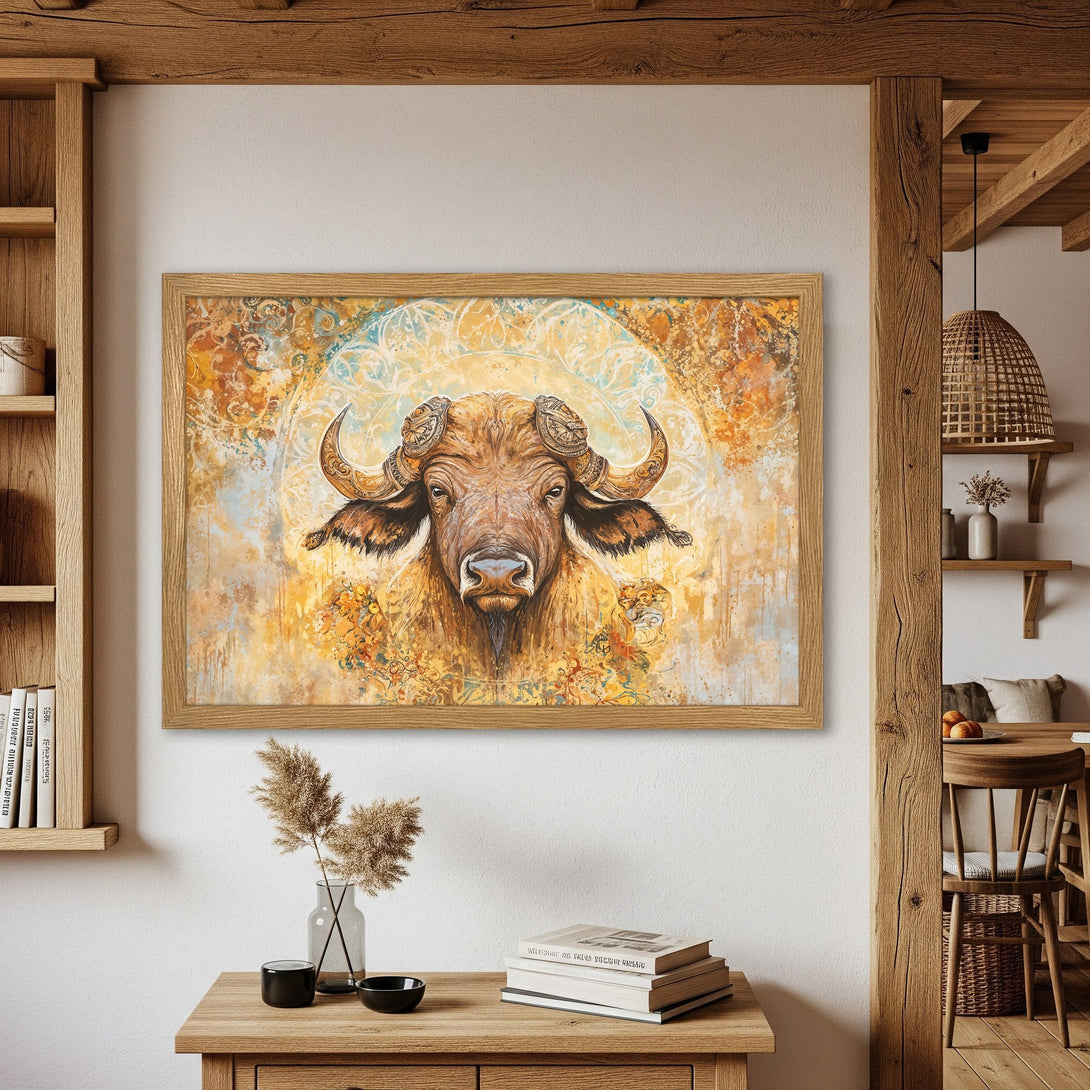 Framed Poster featuring a majestic buffalo in warm, earthy tones. Artistic style with a golden and brown color palette. Perfect wall art!