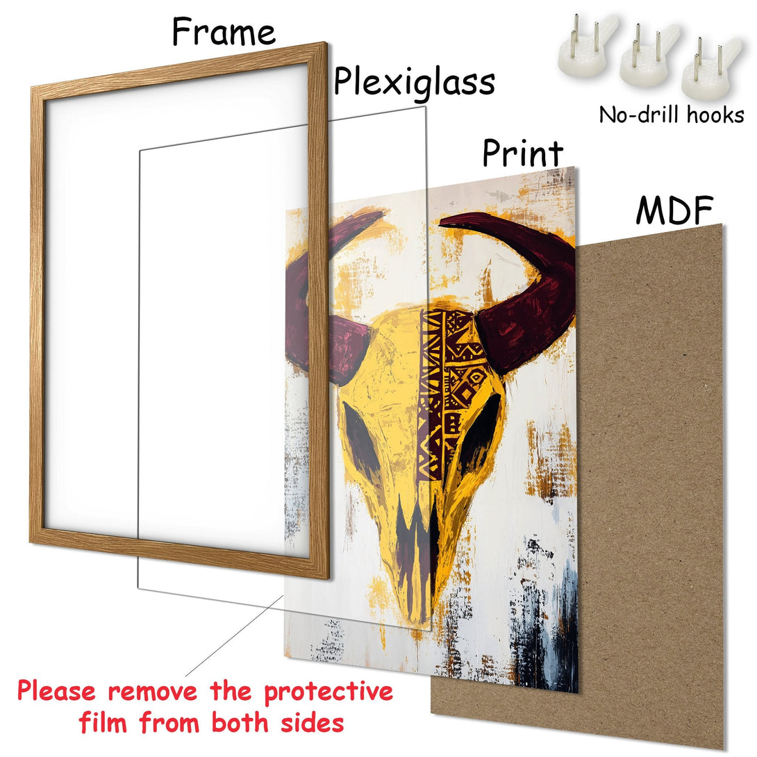 Framed Poster featuring a yellow bull skull art print. Modern abstract style with a warm, earthy color palette. Ready to hang!