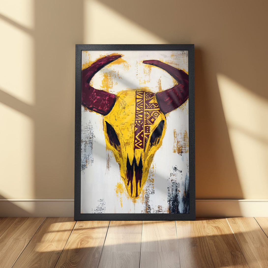 Framed Poster featuring a vibrant yellow bull skull artwork with tribal patterns, in a modern abstract style, with a warm color palette.