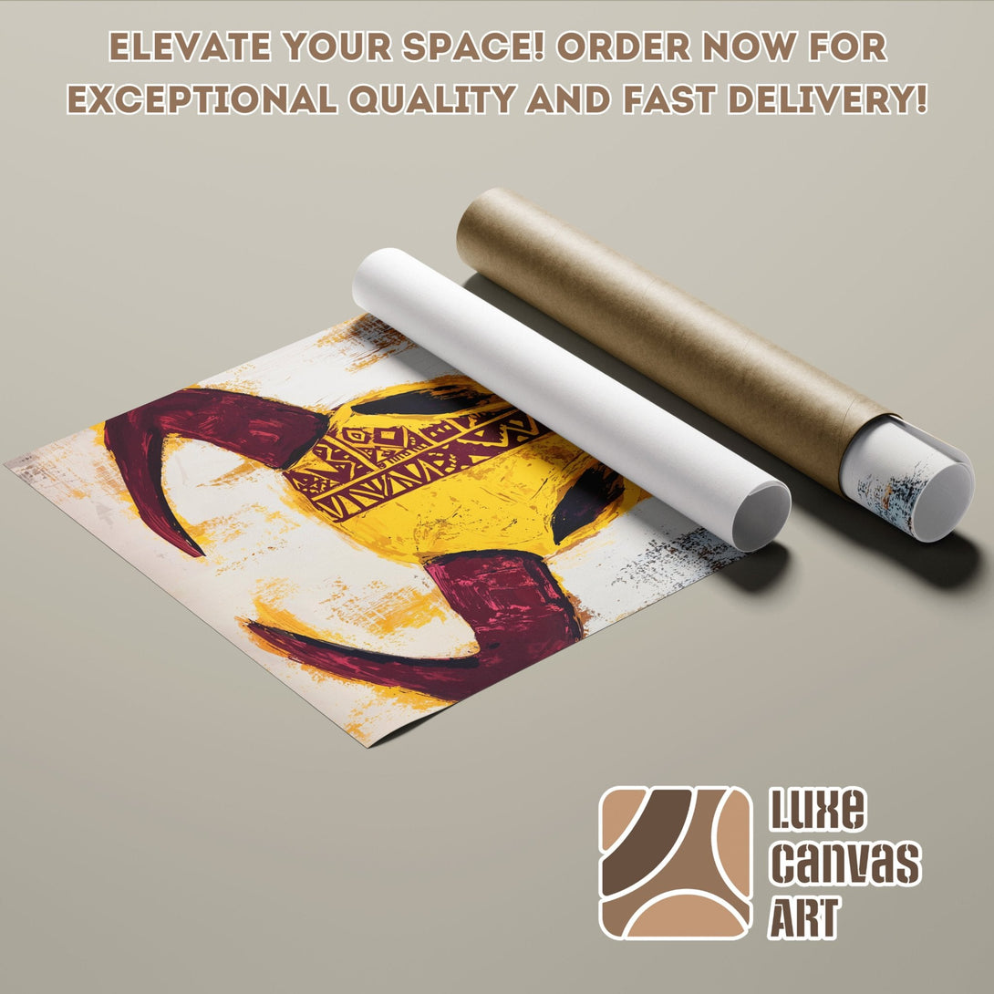 Abstract art poster roll featuring a bold yellow and burgundy color palette. Elevate your space with this unique Poster!