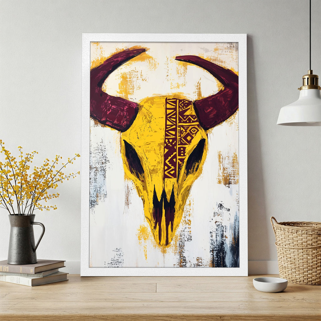 Framed Poster featuring a vibrant bull skull art print in yellow, burgundy, and white. Add a touch of modern style to your space!