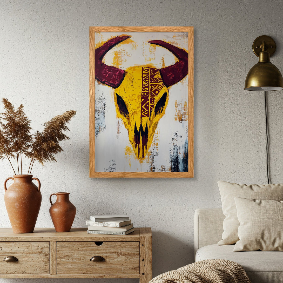 Framed Poster featuring a yellow bull skull with tribal patterns, bold abstract style, and a warm color palette of yellow, red, and white.