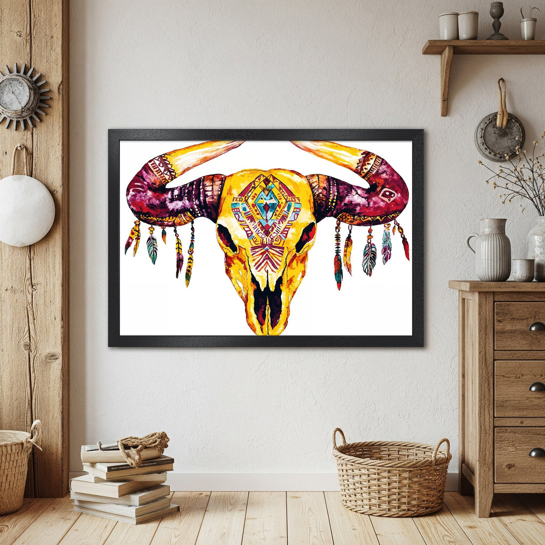 Framed Poster featuring a watercolor bull skull in bohemian style with a warm yellow, red, and purple color palette.