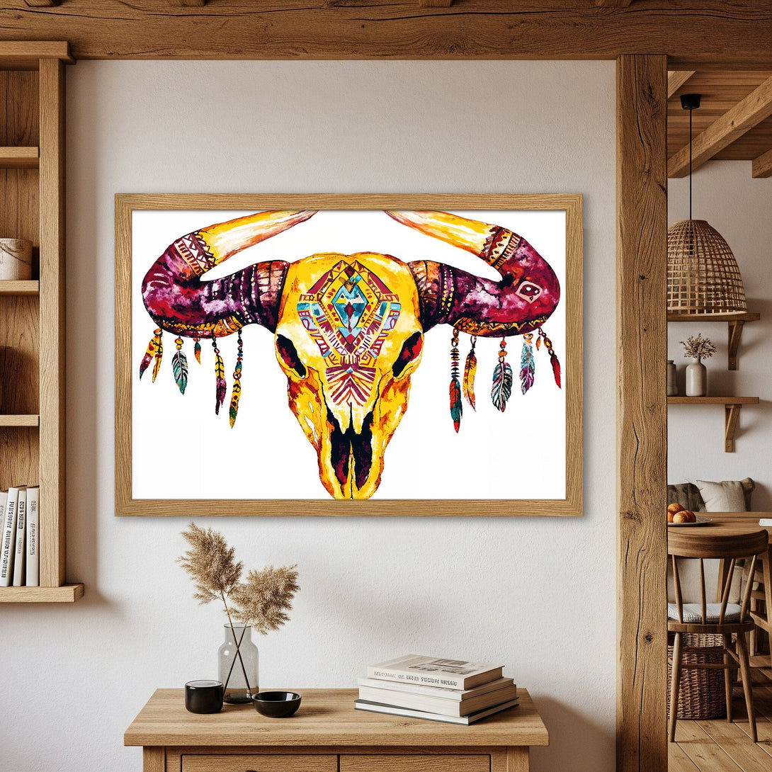 Framed Poster featuring a watercolor bull skull with tribal details. Warm yellow, red, and purple color palette. Boho style art print.