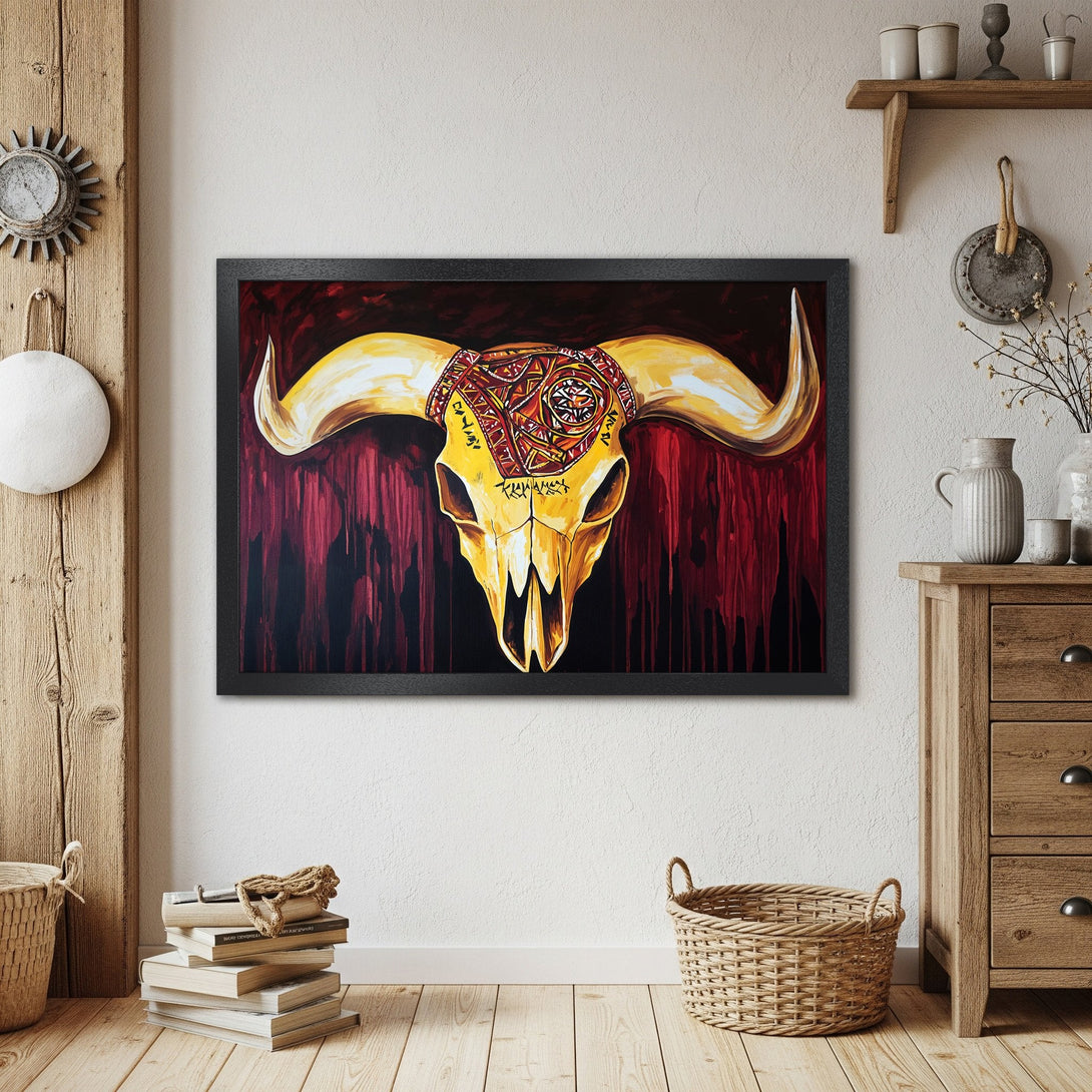 Framed Poster featuring a bull skull in a bold, tribal style with a red and gold color palette. Perfect wall art.