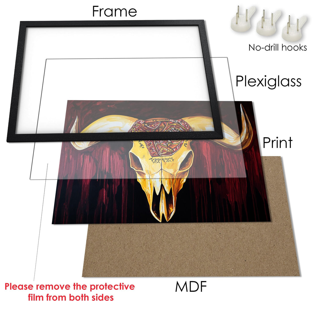 Framed Poster featuring a detailed bull skull art print. Rich red and gold color palette, perfect for adding a touch of rustic style.