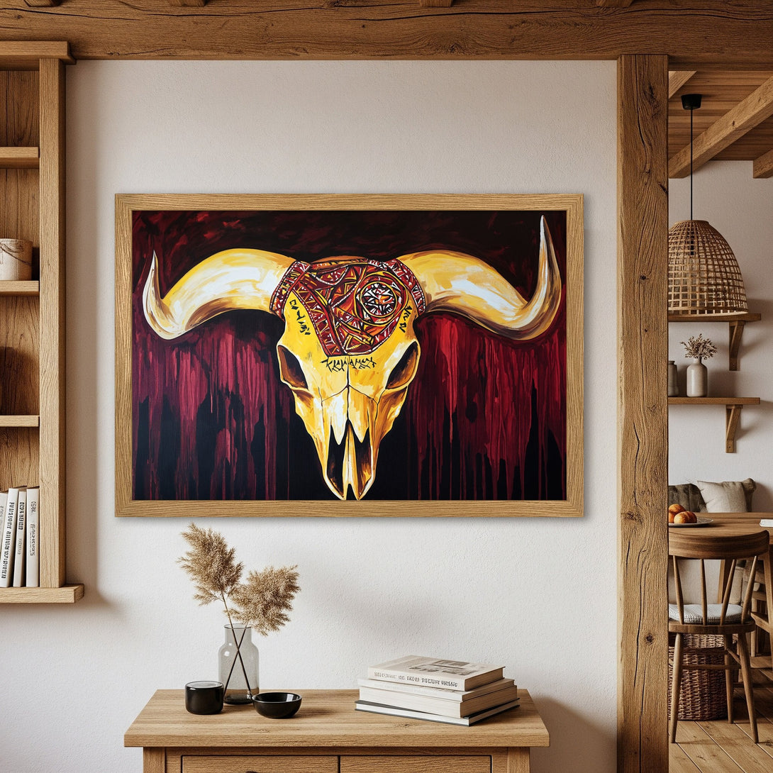 Framed Poster of a bull skull with tribal design, bold style, and a rich red, gold, and black color palette. Add a touch of rustic charm!