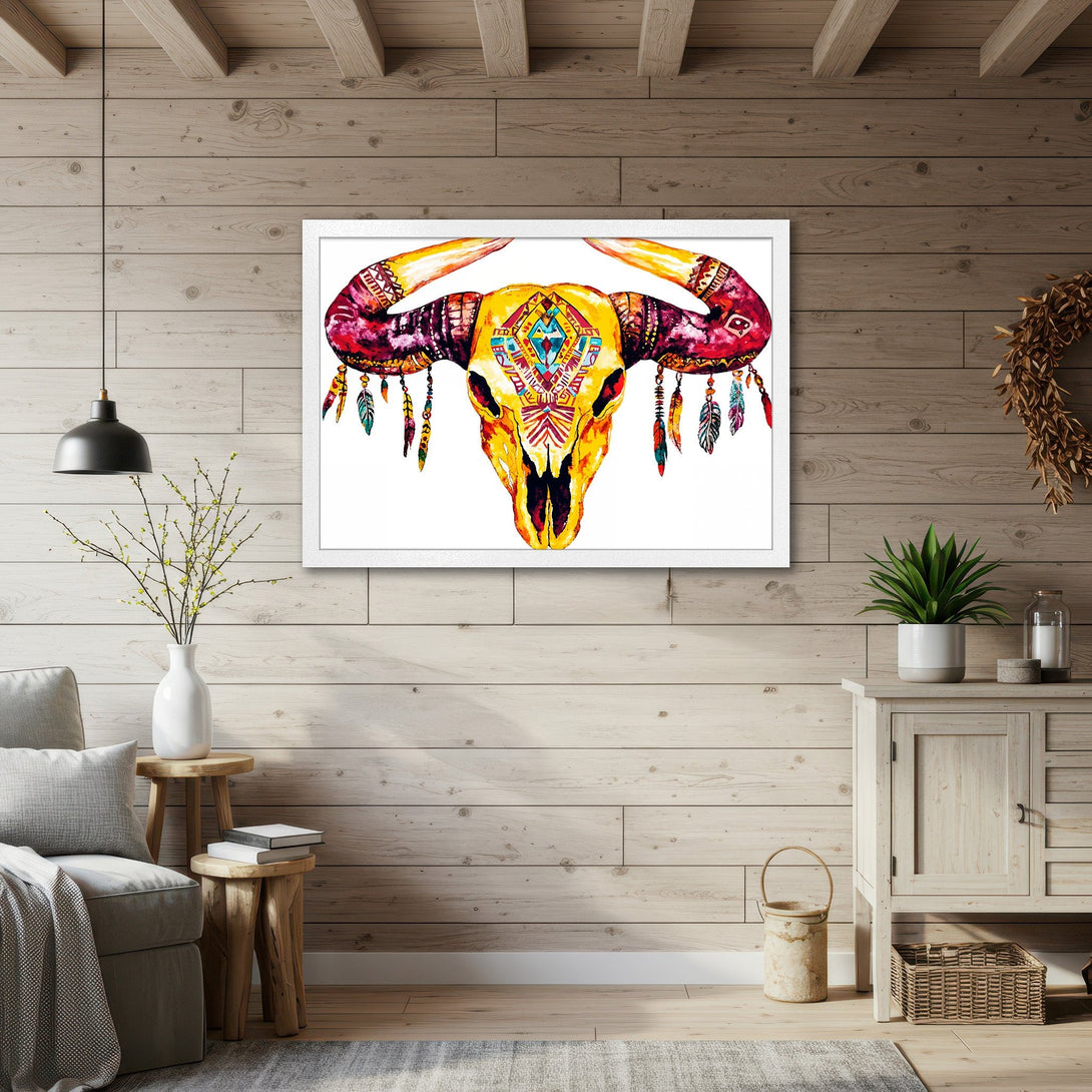 Framed Poster featuring a watercolor bull skull in vibrant yellow, red, and turquoise. Boho style art for your home decor.