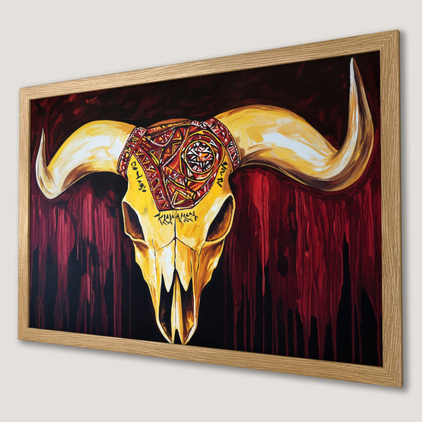 Framed Poster featuring a vibrant bull skull painting in a modern style with a red, yellow, and black color palette. Add this unique art to your walls!