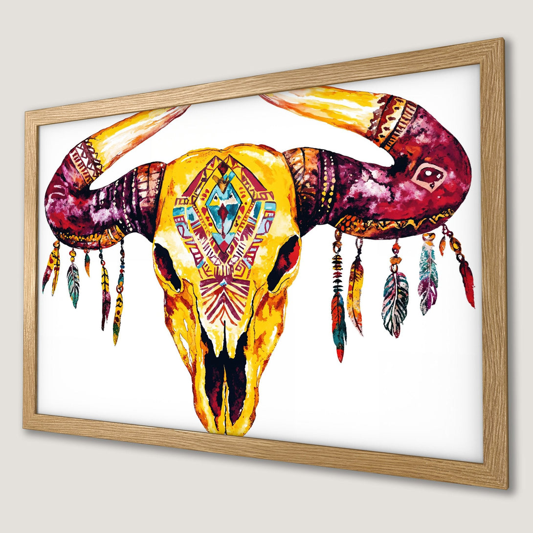 Framed Poster featuring a watercolor buffalo skull in vibrant yellow, red, and purple hues. Bohemian style art for home decor.