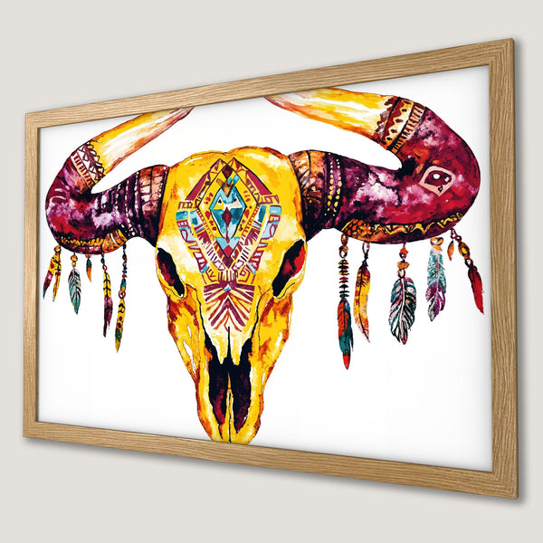Framed Poster featuring a watercolor buffalo skull in vibrant yellow, red, and purple hues. Bohemian style art for home decor.