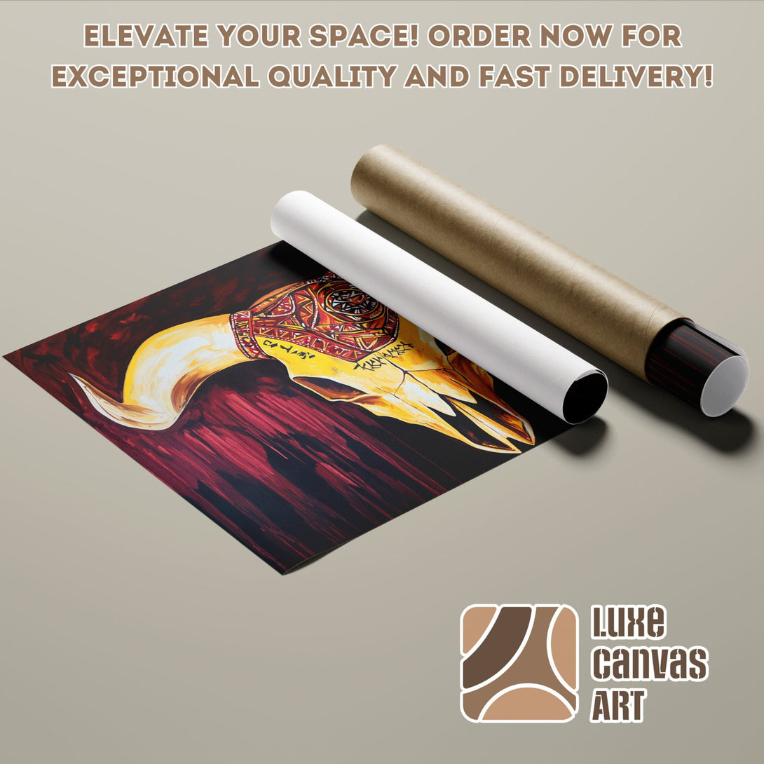 Poster Roll featuring a vibrant skull art print with a warm red and yellow color palette. Elevate your space!