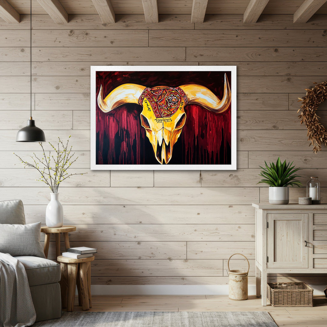 Framed Poster featuring a vibrant bull skull artwork. Bold, modern style with a warm red, yellow, and black color palette. Perfect wall art!