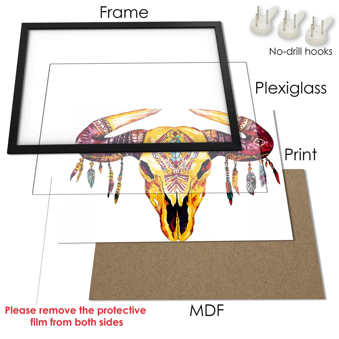 Framed Poster featuring a watercolor bull skull in warm yellows and reds, boho style, ready to hang.