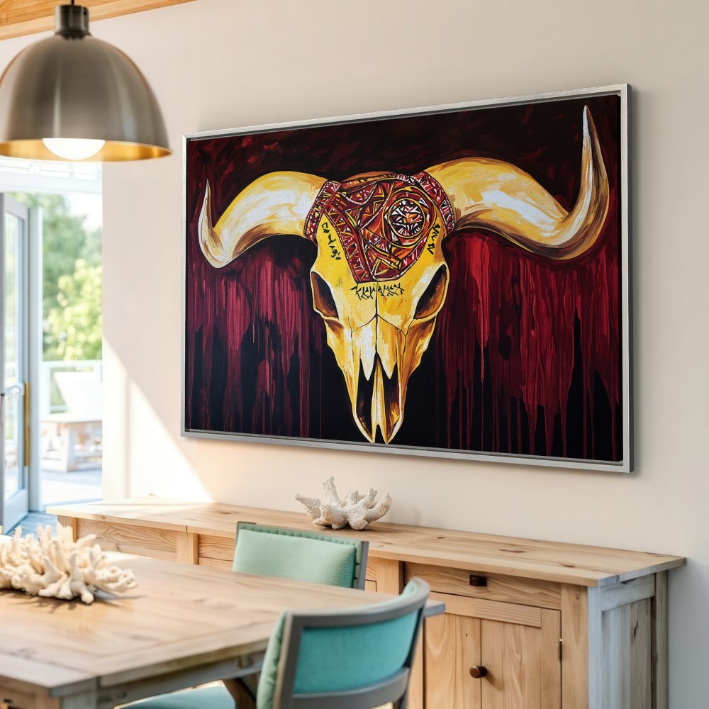 Framed Wall Art: Bold bull skull painting in warm gold and red tones. Add a touch of modern style to your space!