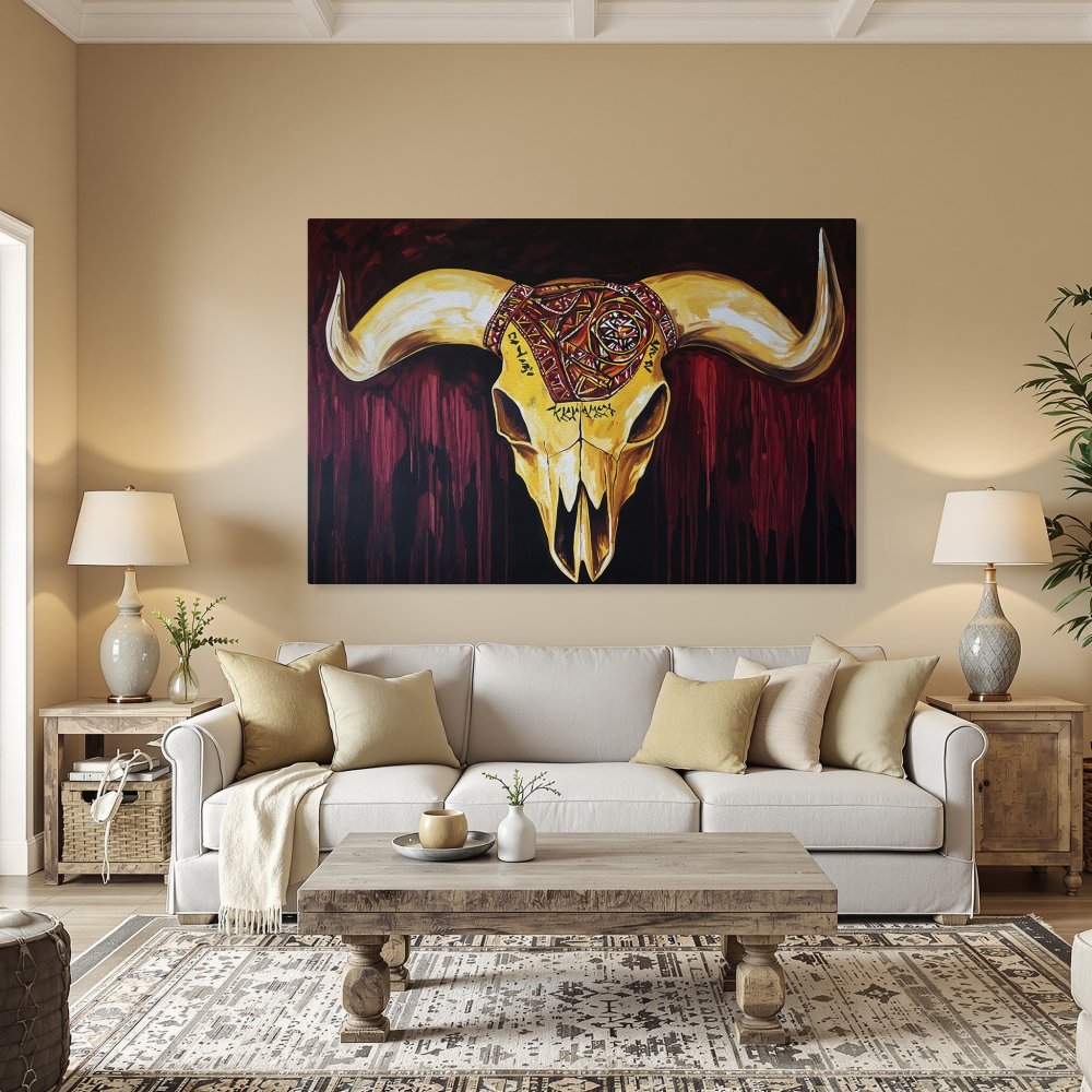 Framed Wall Art: Bold bull skull Canvas Print in a dining room. Features a gold, red, and yellow color palette. Add unique art to your home!