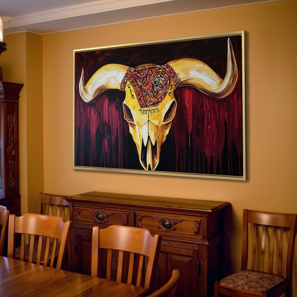 Canvas Print of a striking bull skull artwork, warm gold and red tones, perfect for rustic or boho decor.