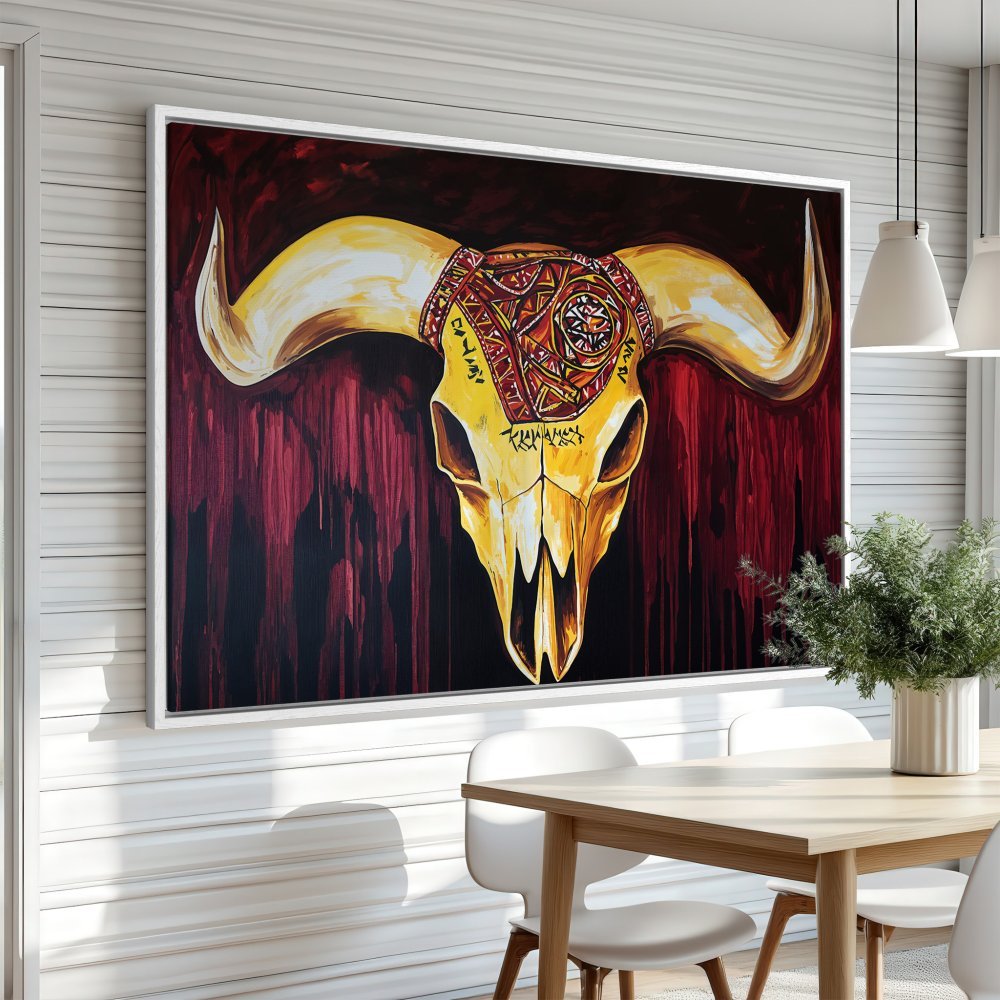 Framed Wall Art: Bold bull skull canvas print with a striking red and gold color palette. Add a touch of tribal art to your space!
