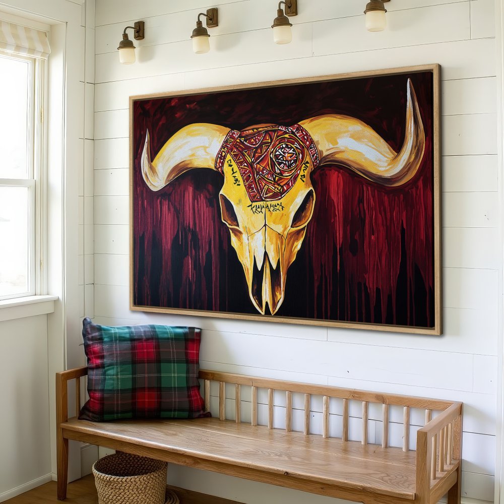Framed Wall Art: Bold bull skull canvas print with a vibrant red and gold color palette, perfect for adding a statement piece to any room.