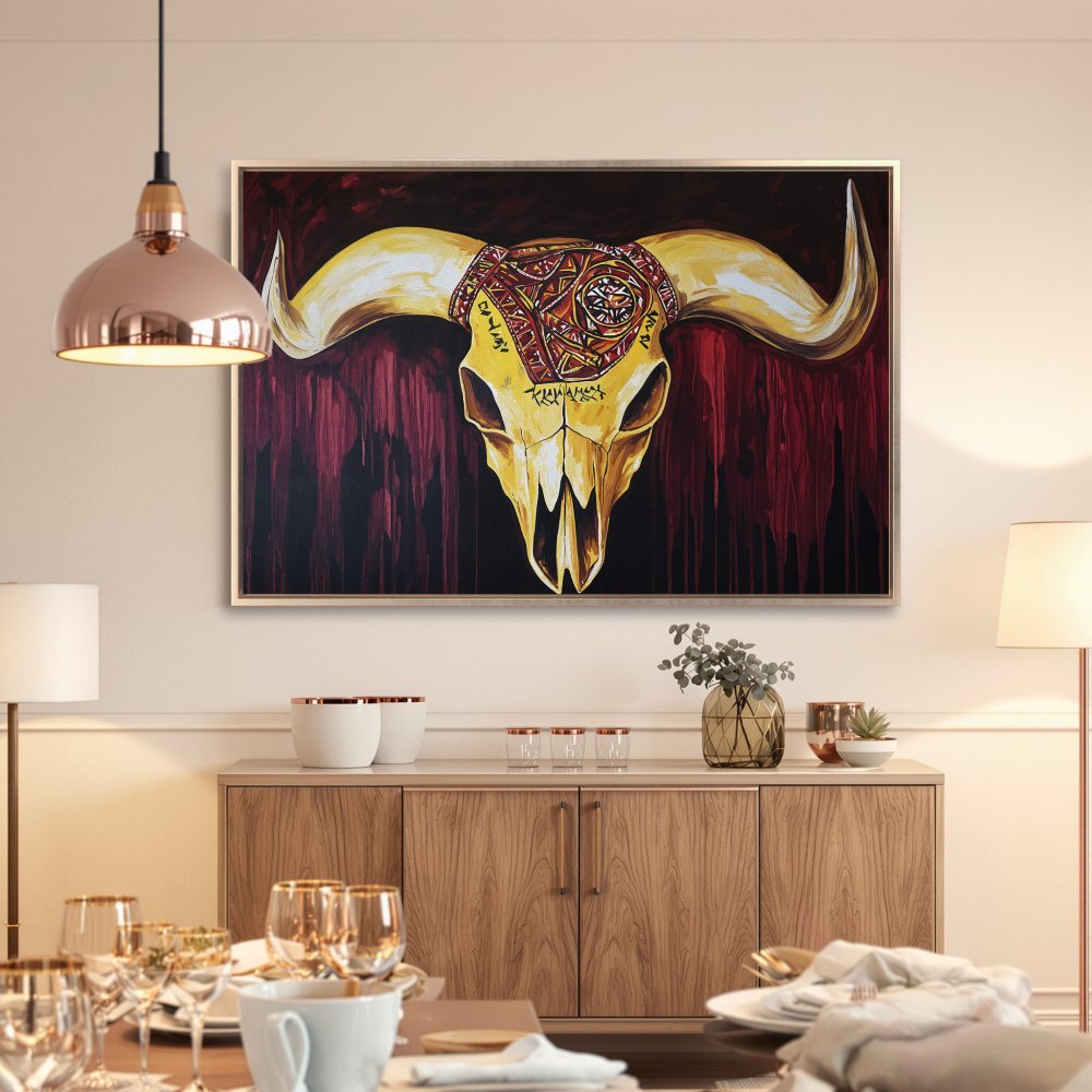 Framed Wall Art: Bold bull skull canvas print in gold and burgundy. Add a touch of tribal style to your dining room decor.