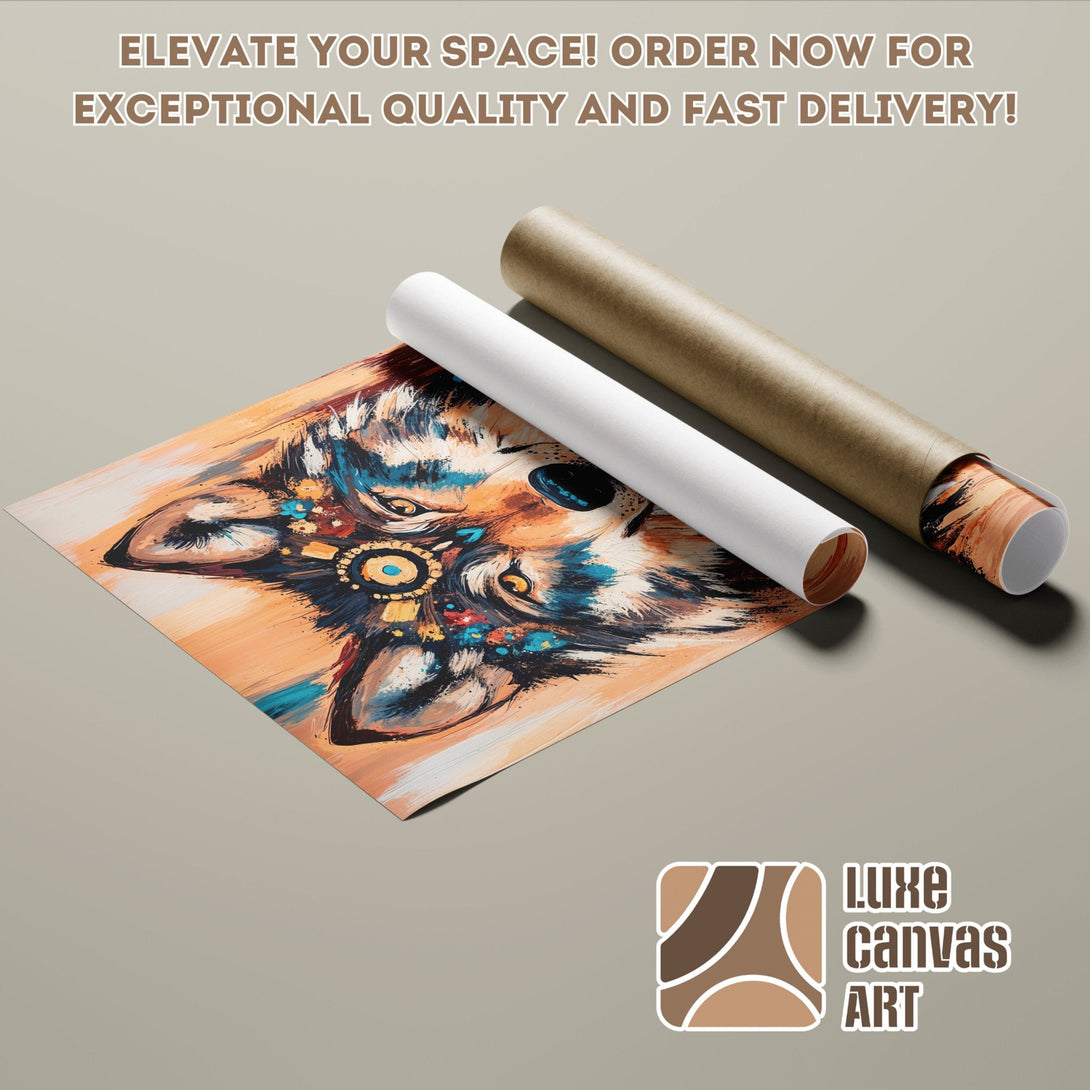 Poster Roll featuring a vibrant wolf art print, showcasing a modern, abstract style with a warm color palette. Order yours today!