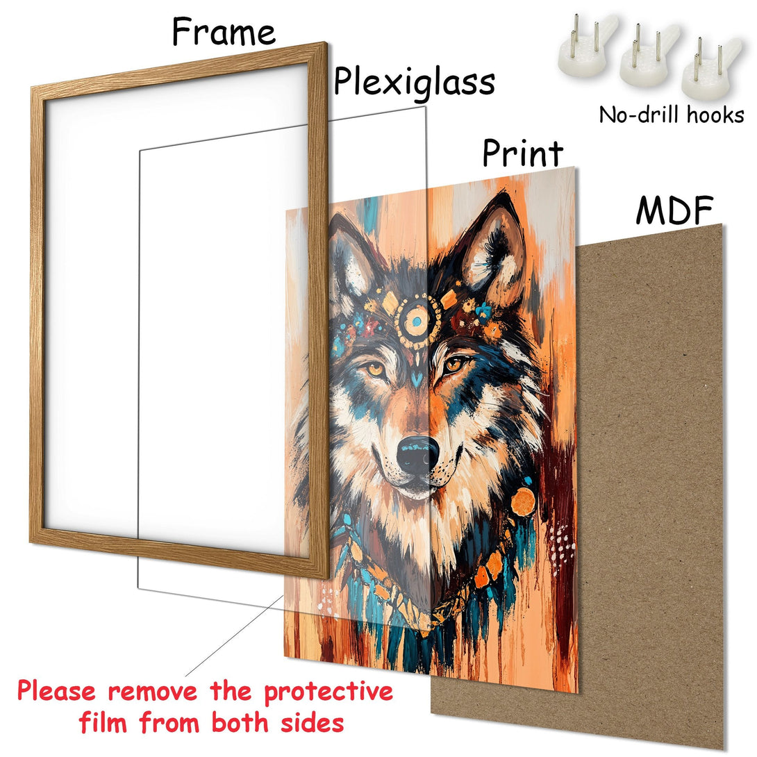 Framed Poster featuring a wolf in vibrant, abstract style with a warm orange and teal color palette. Perfect wall art!